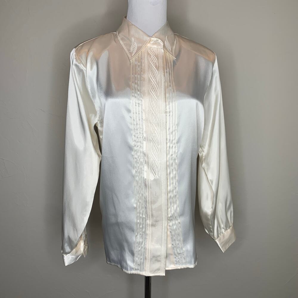 VIntage NWT Satin Pleat Front Embroidered Placket Blouse IVory Sz 12